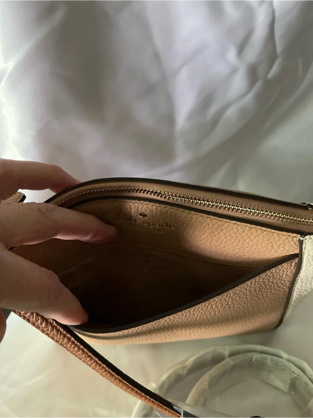 Kate Spade Pebbled Leather Crossbody Bag in Tan and White
